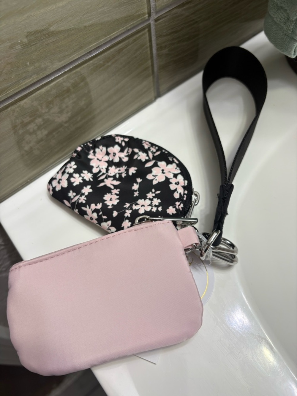 Pink & Black Floral Wristlet Key Coin Pouch Set